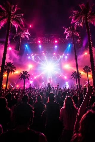 Concert audience beneath palms and stage lights